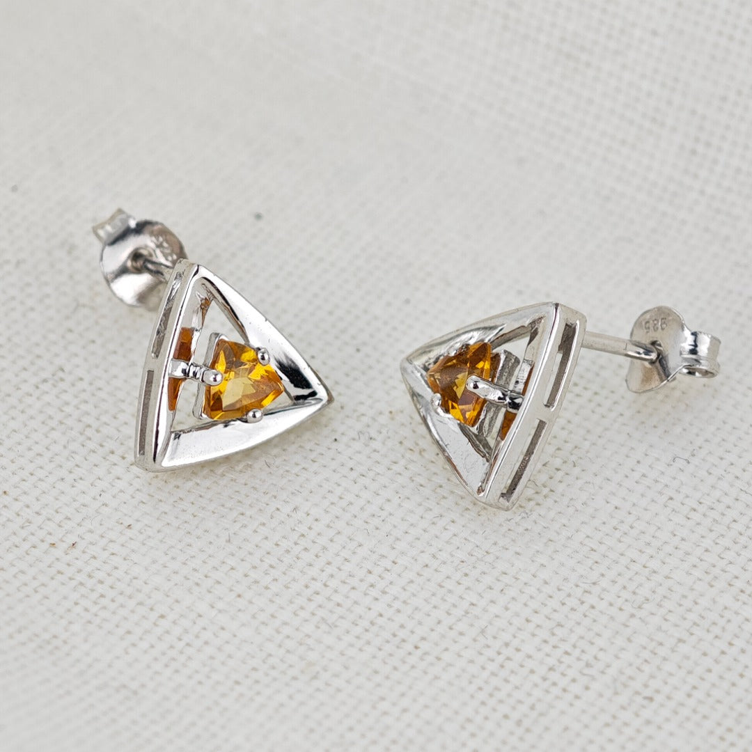 Citrine Earrings Sterling Silver Studs Trillion