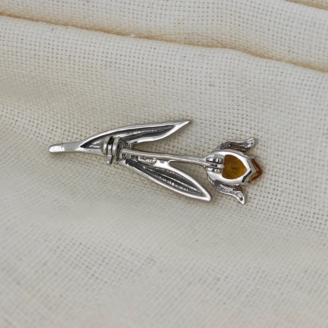 Citrine Brooch Sterling Silver Tulip Handmade Boxed Gift