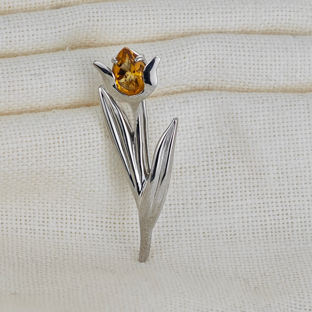 Citrine Brooch Sterling Silver Tulip Handmade Boxed Gift