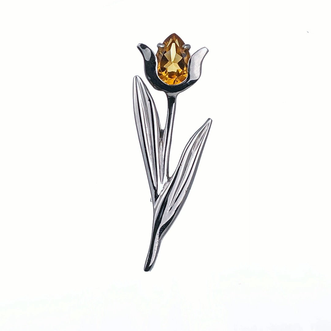 Citrine Brooch Sterling Silver Tulip Handmade Boxed Gift