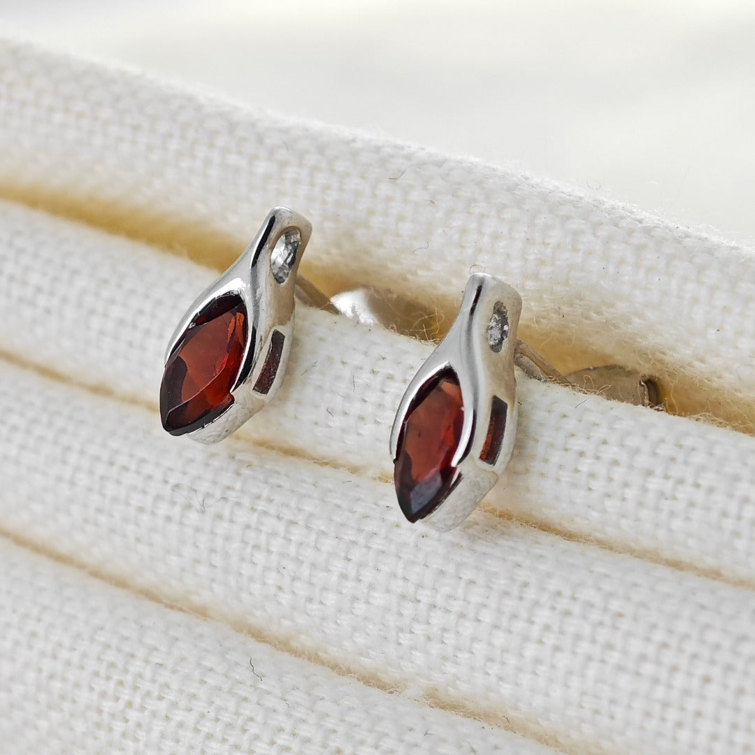 Garnet Earrings Sterling Silver Studs Minimalist Marquise