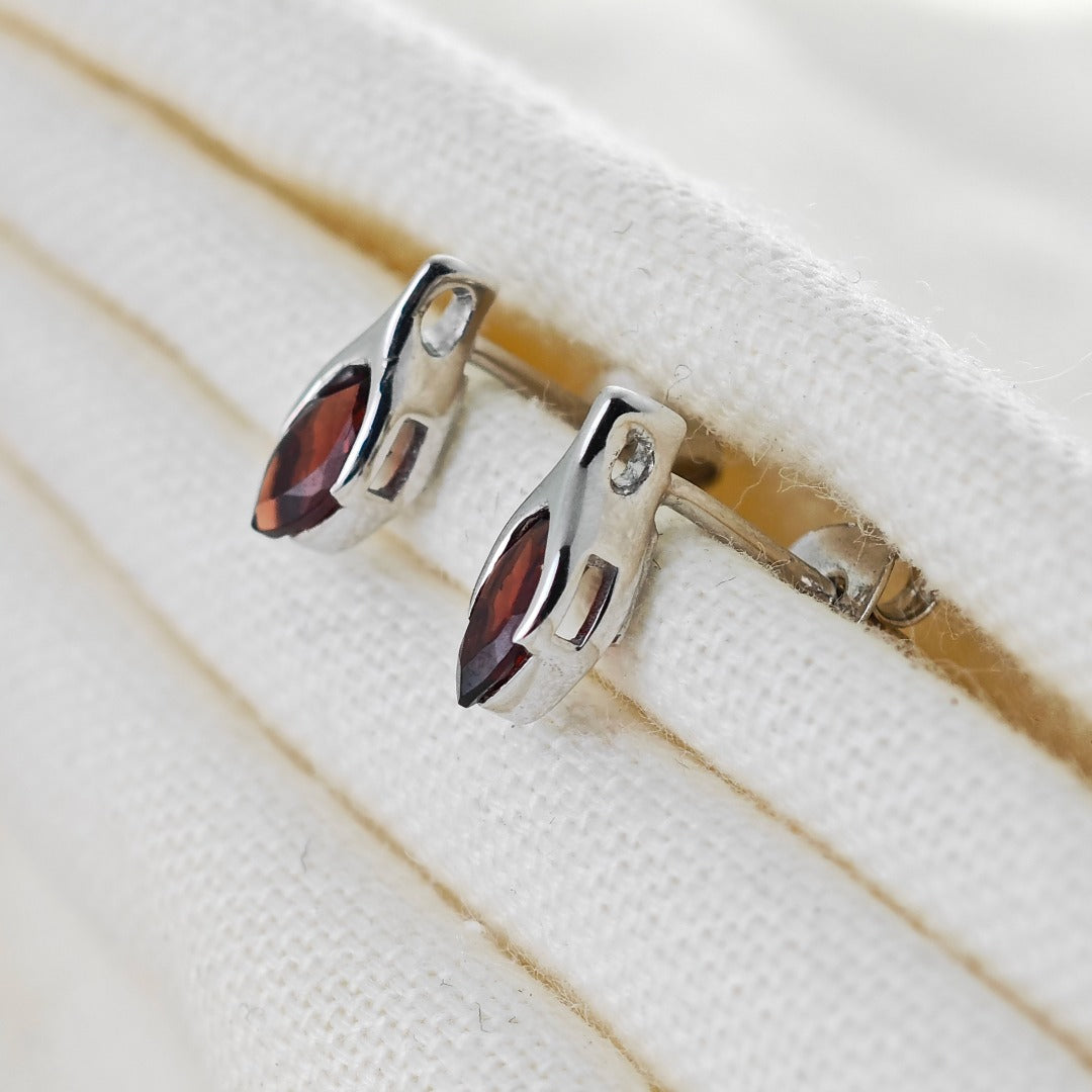 Garnet Earrings Sterling Silver Studs Minimalist Marquise