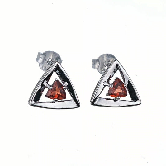 Garnet Earrings Sterling Silver Studs Trillion