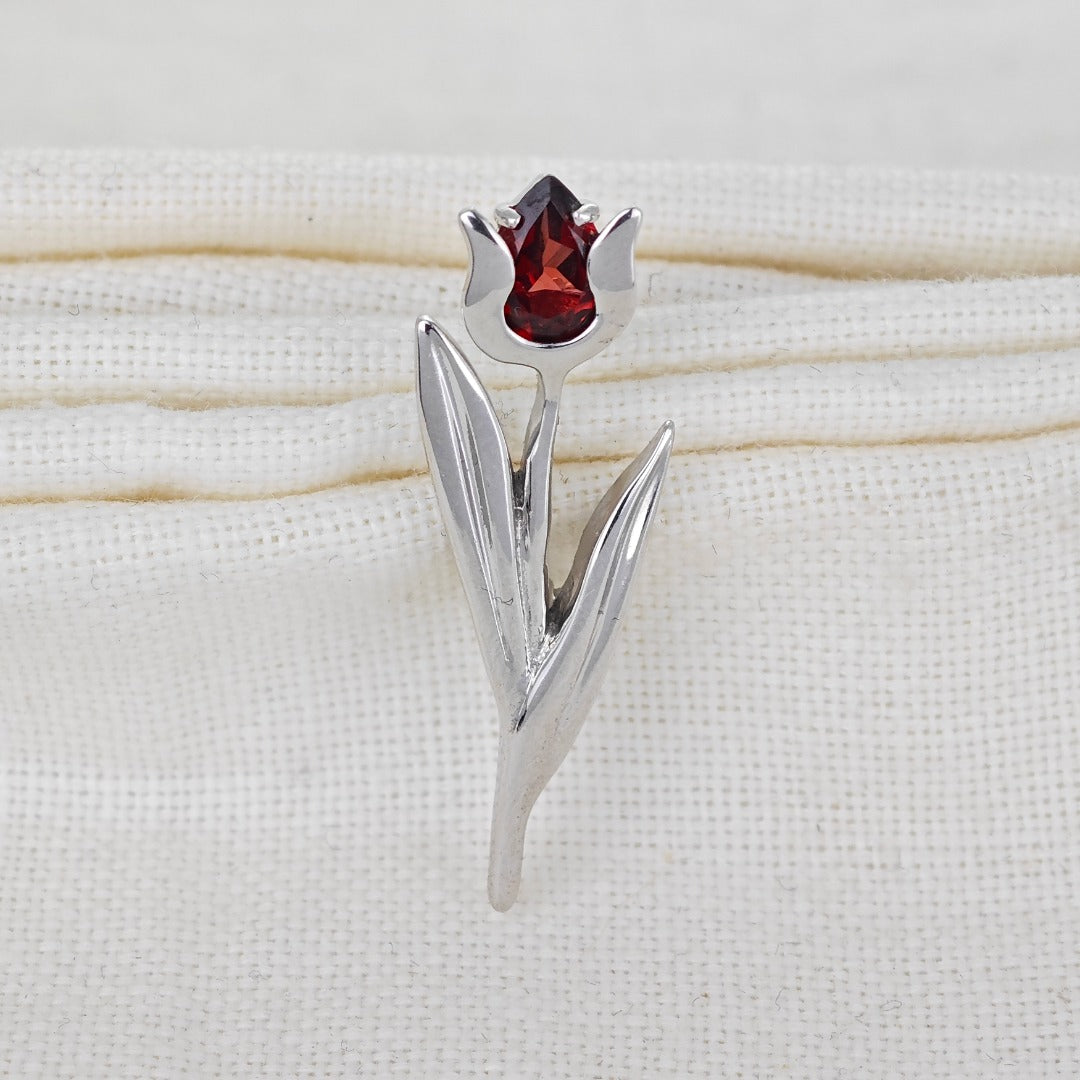 Sterling Silver Tulip Brooch Natural Red Garnet Gemstone