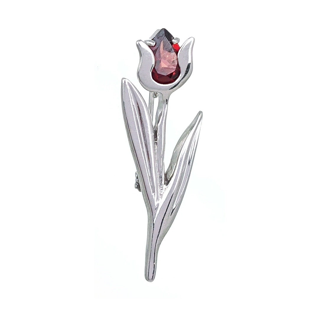 Sterling Silver Tulip Brooch Natural Red Garnet Gemstone