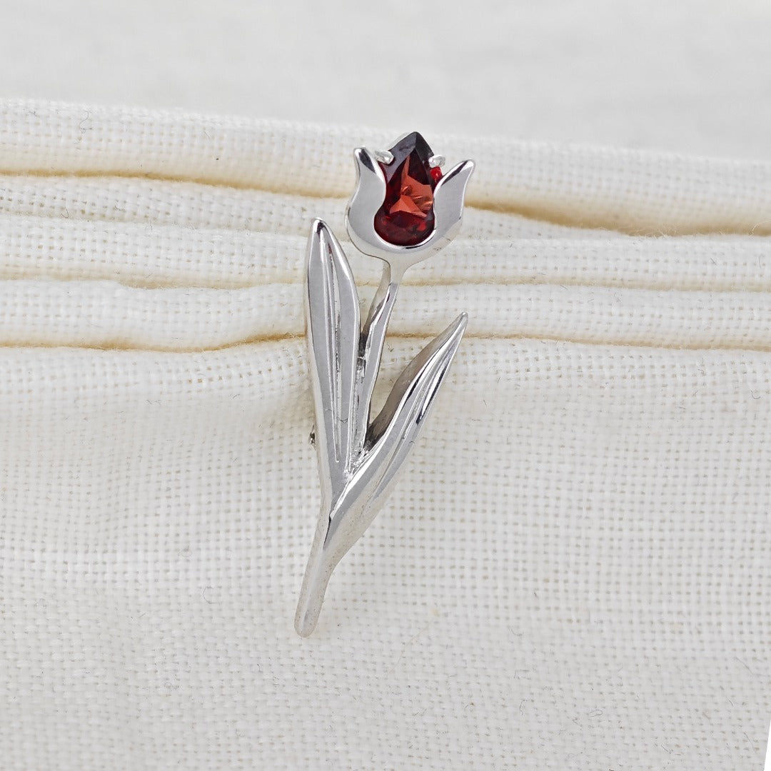 Sterling Silver Tulip Brooch Natural Red Garnet Gemstone