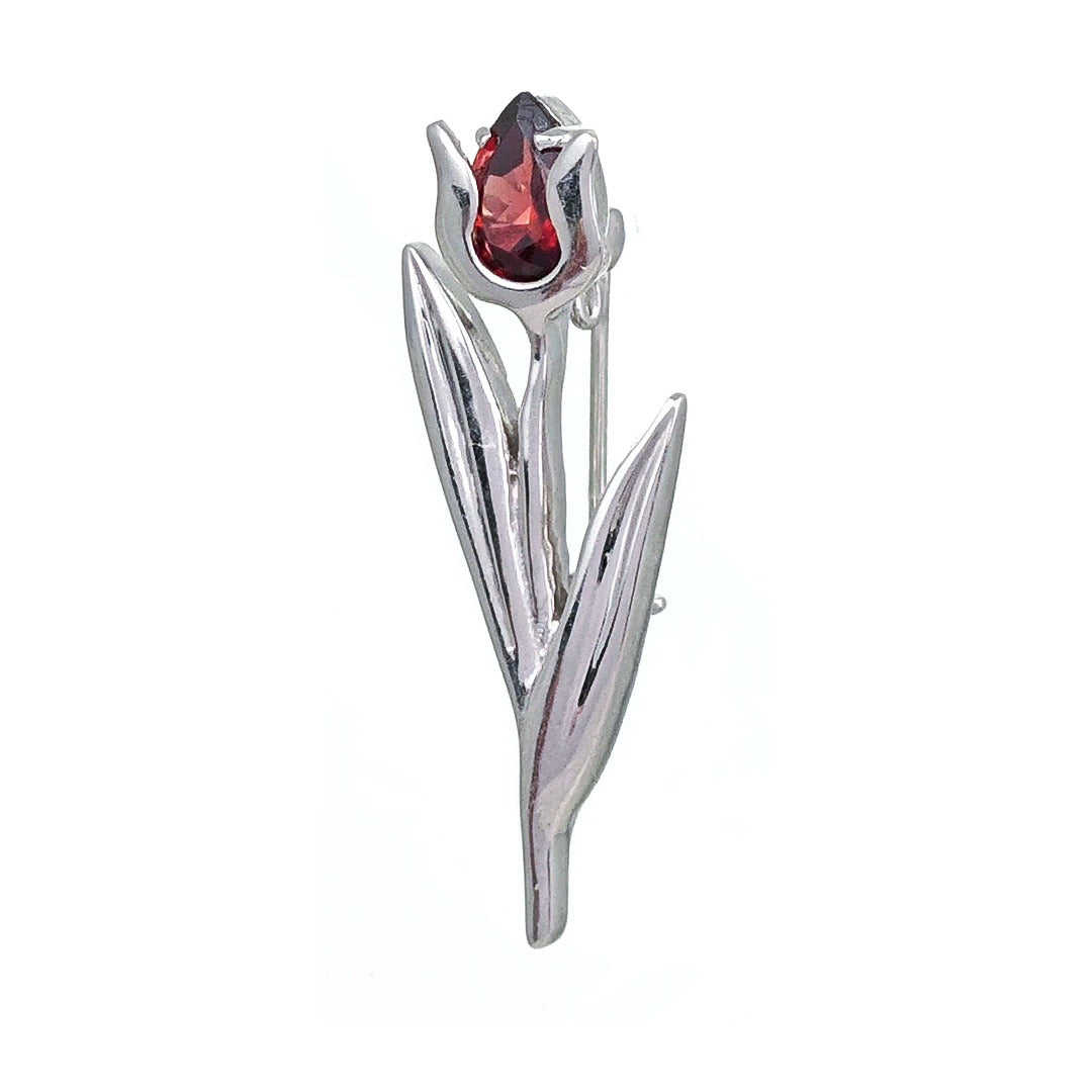 Sterling Silver Tulip Brooch Natural Red Garnet Gemstone