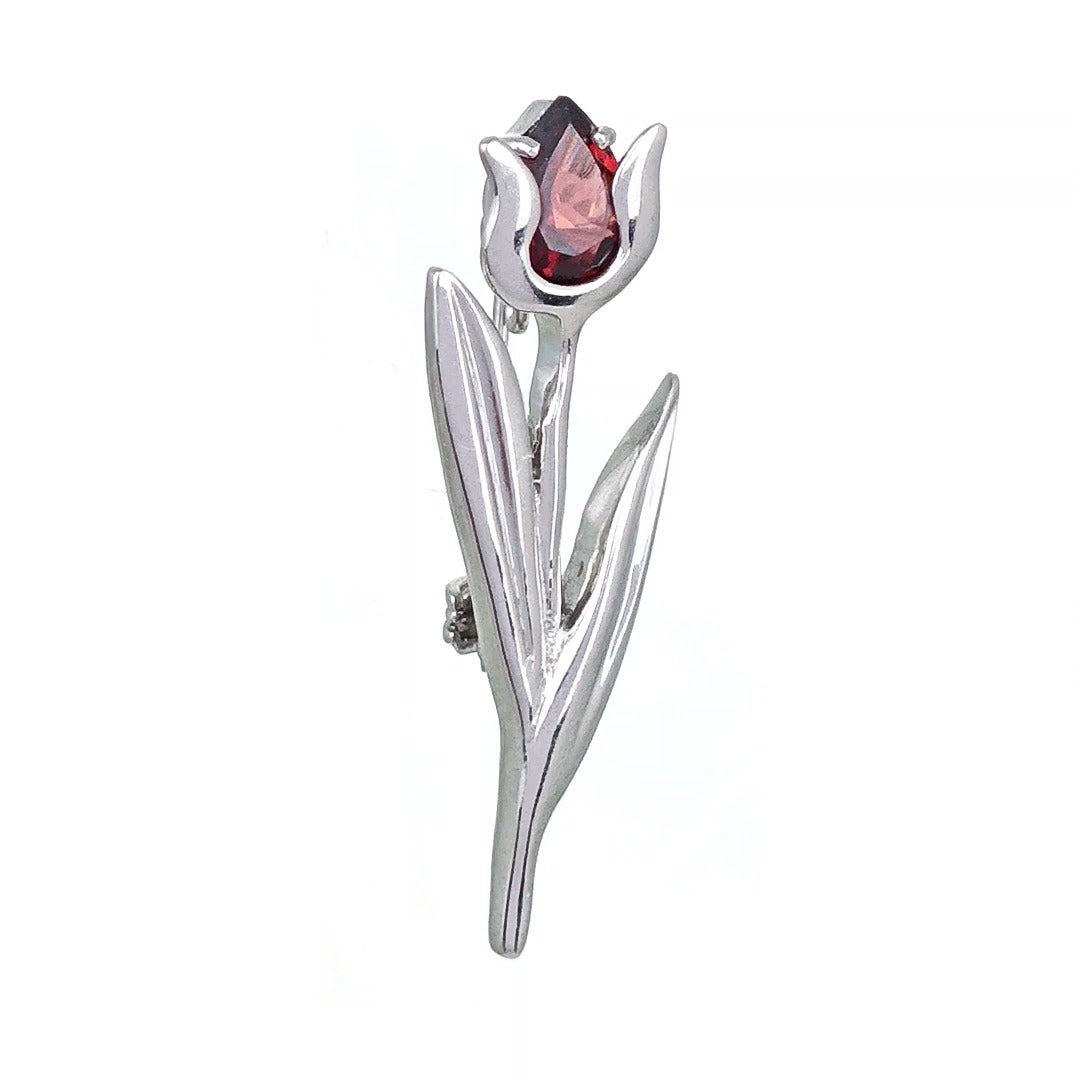 Sterling Silver Tulip Brooch Natural Red Garnet Gemstone