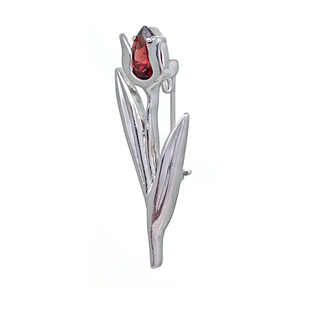 Sterling Silver Tulip Brooch Natural Red Garnet Gemstone