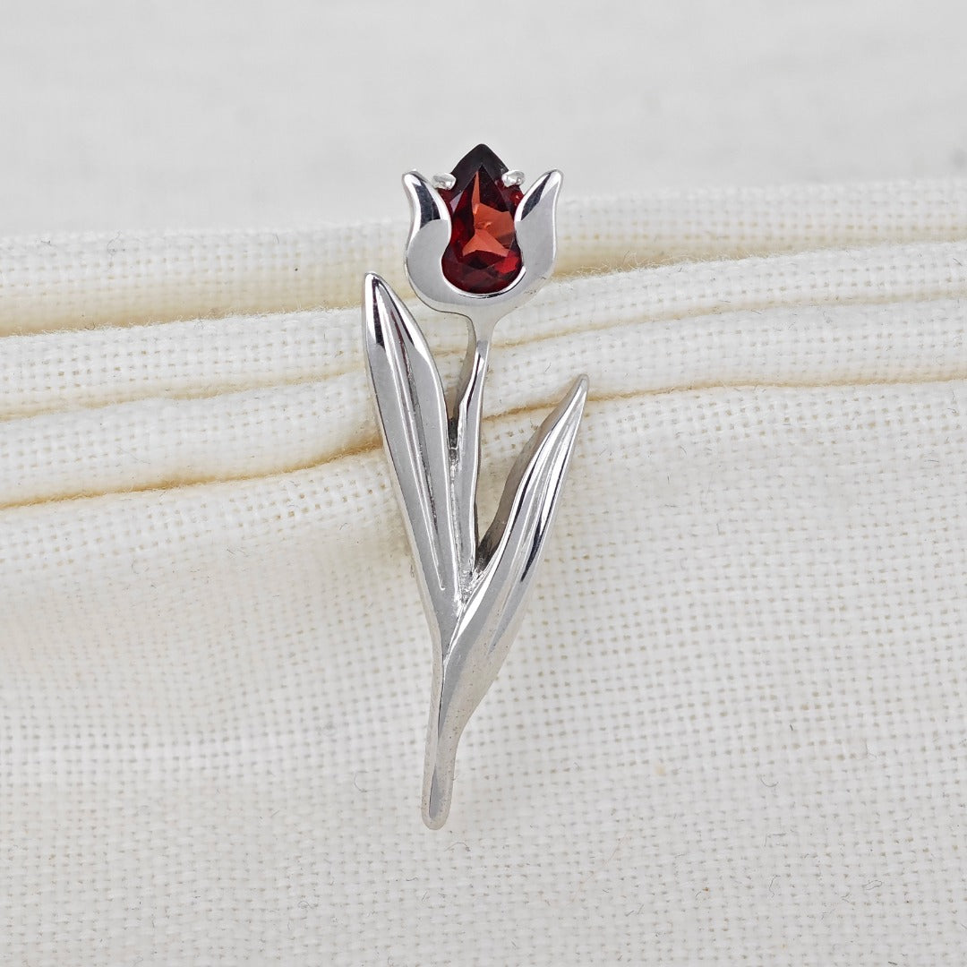 Sterling Silver Tulip Brooch Natural Red Garnet Gemstone