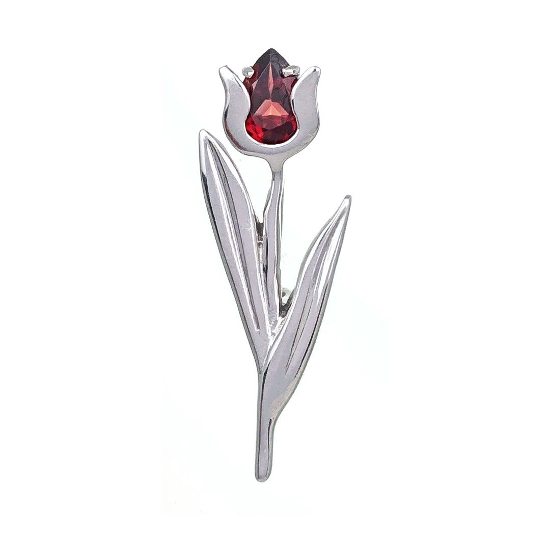 Sterling Silver Tulip Brooch Natural Red Garnet Gemstone