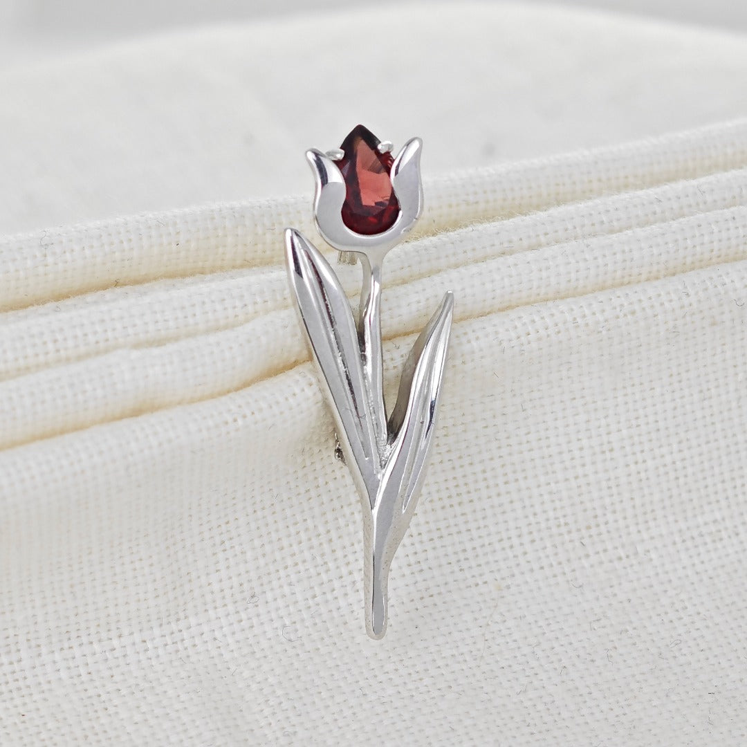 Sterling Silver Tulip Brooch Natural Red Garnet Gemstone