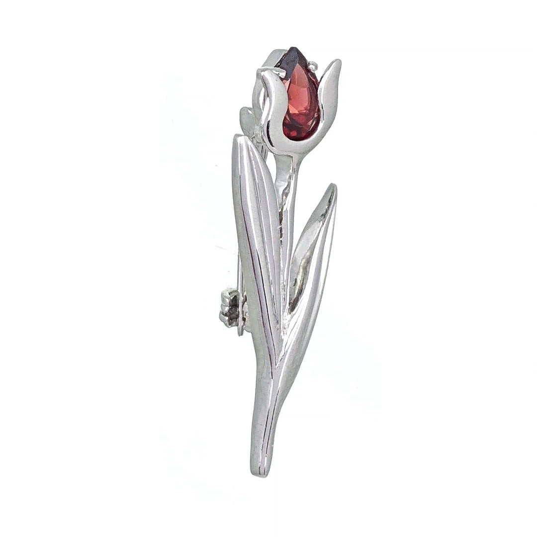 Sterling Silver Tulip Brooch Natural Red Garnet Gemstone