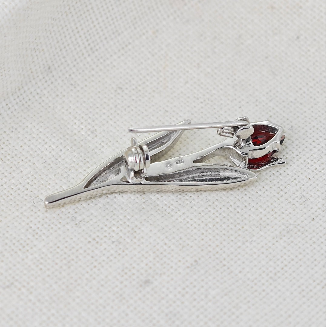 Sterling Silver Tulip Brooch Natural Red Garnet Gemstone