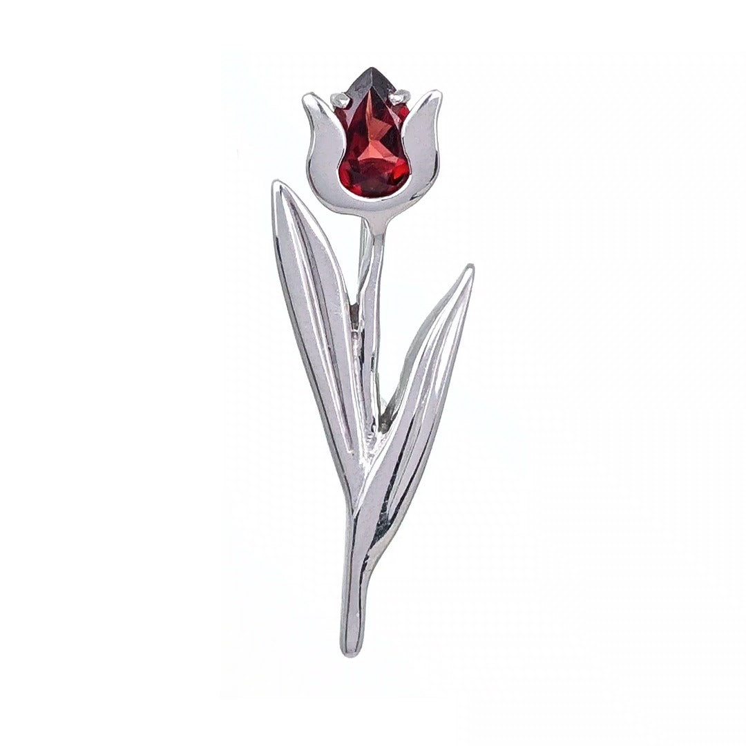 Sterling Silver Tulip Brooch Natural Red Garnet Gemstone