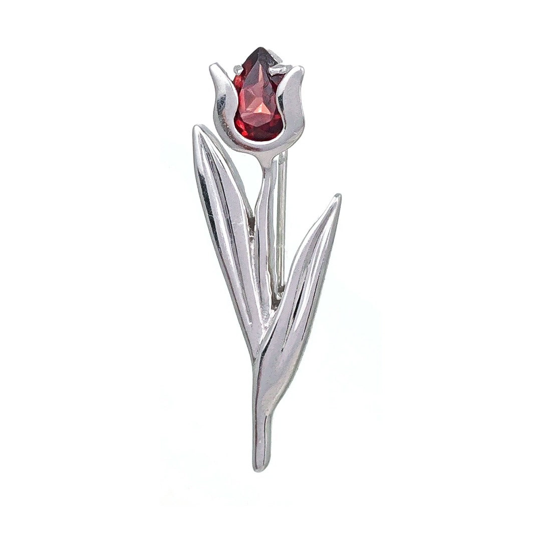 Sterling Silver Tulip Brooch Natural Red Garnet Gemstone