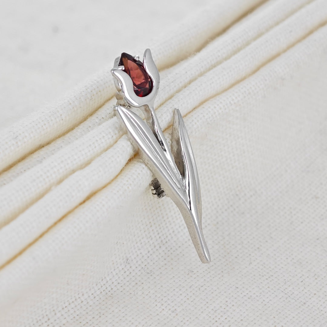 Sterling Silver Tulip Brooch Natural Red Garnet Gemstone