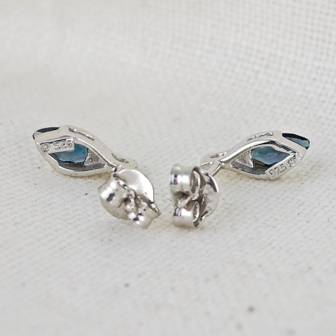 Sterling Silver Stud Earrings London Blue Topaz Minimalist Marquise Handmade UK Design