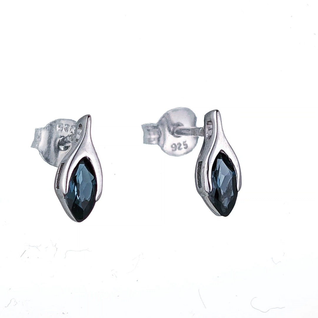 Sterling Silver Stud Earrings London Blue Topaz Minimalist Marquise Handmade UK Design