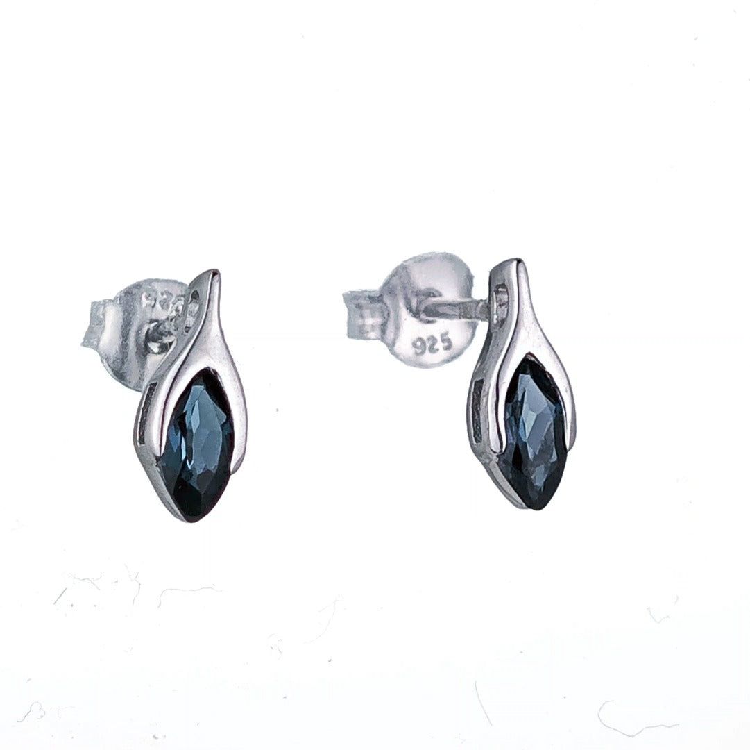 Sterling Silver Stud Earrings London Blue Topaz Minimalist Marquise Handmade UK Design