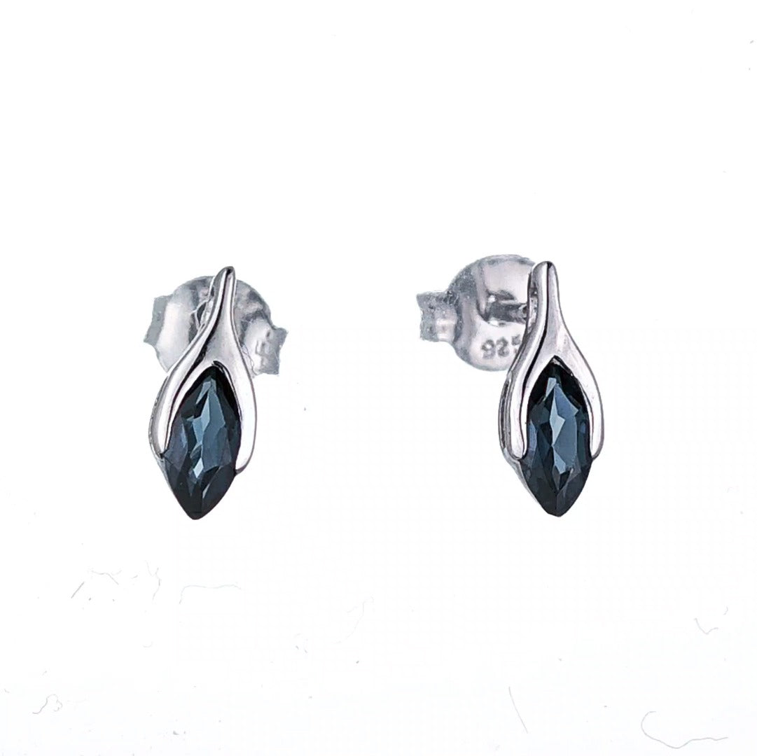 Sterling Silver Stud Earrings London Blue Topaz Minimalist Marquise Handmade UK Design