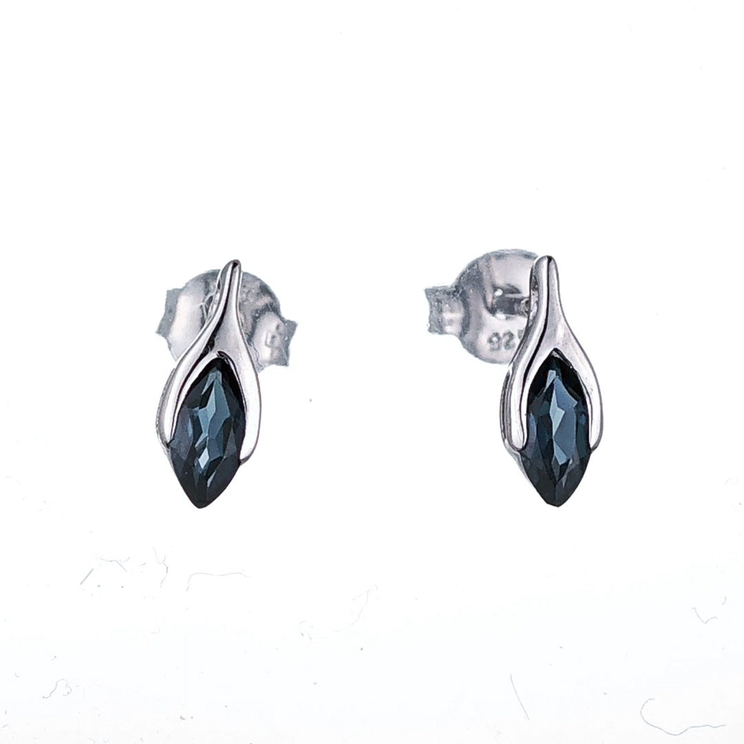 Sterling Silver Stud Earrings London Blue Topaz Minimalist Marquise Handmade UK Design