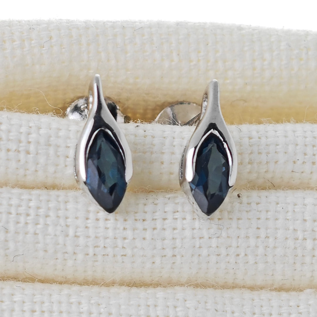 Sterling Silver Stud Earrings London Blue Topaz Minimalist Marquise Handmade UK Design