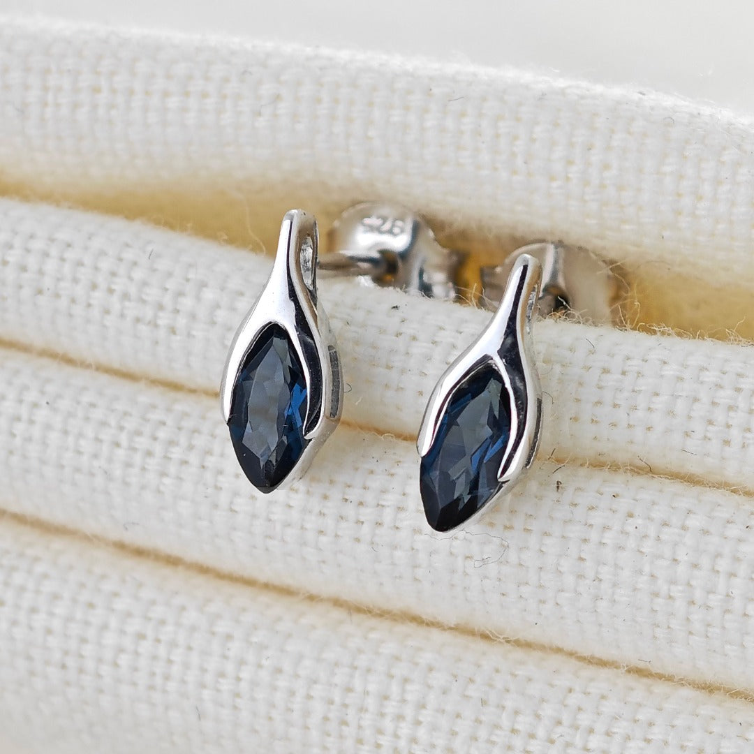 Sterling Silver Stud Earrings London Blue Topaz Minimalist Marquise Handmade UK Design