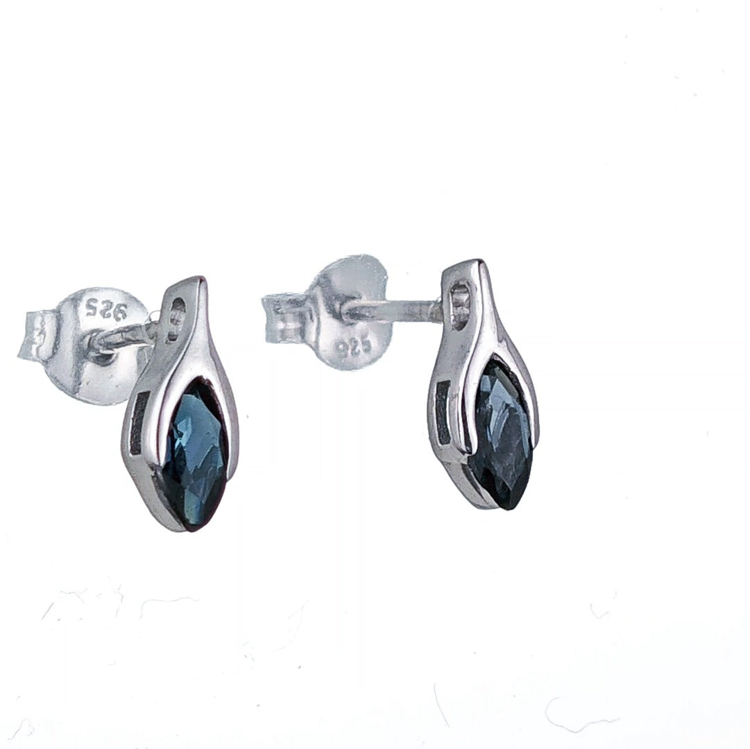 Sterling Silver Stud Earrings London Blue Topaz Minimalist Marquise Handmade UK Design