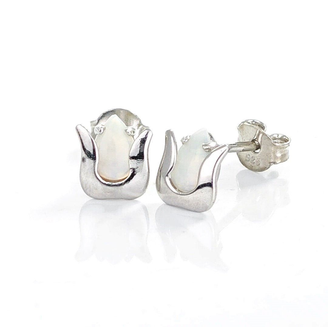 Elegant Sterling Silver Tulip Flower Earrings with Natural White Opal