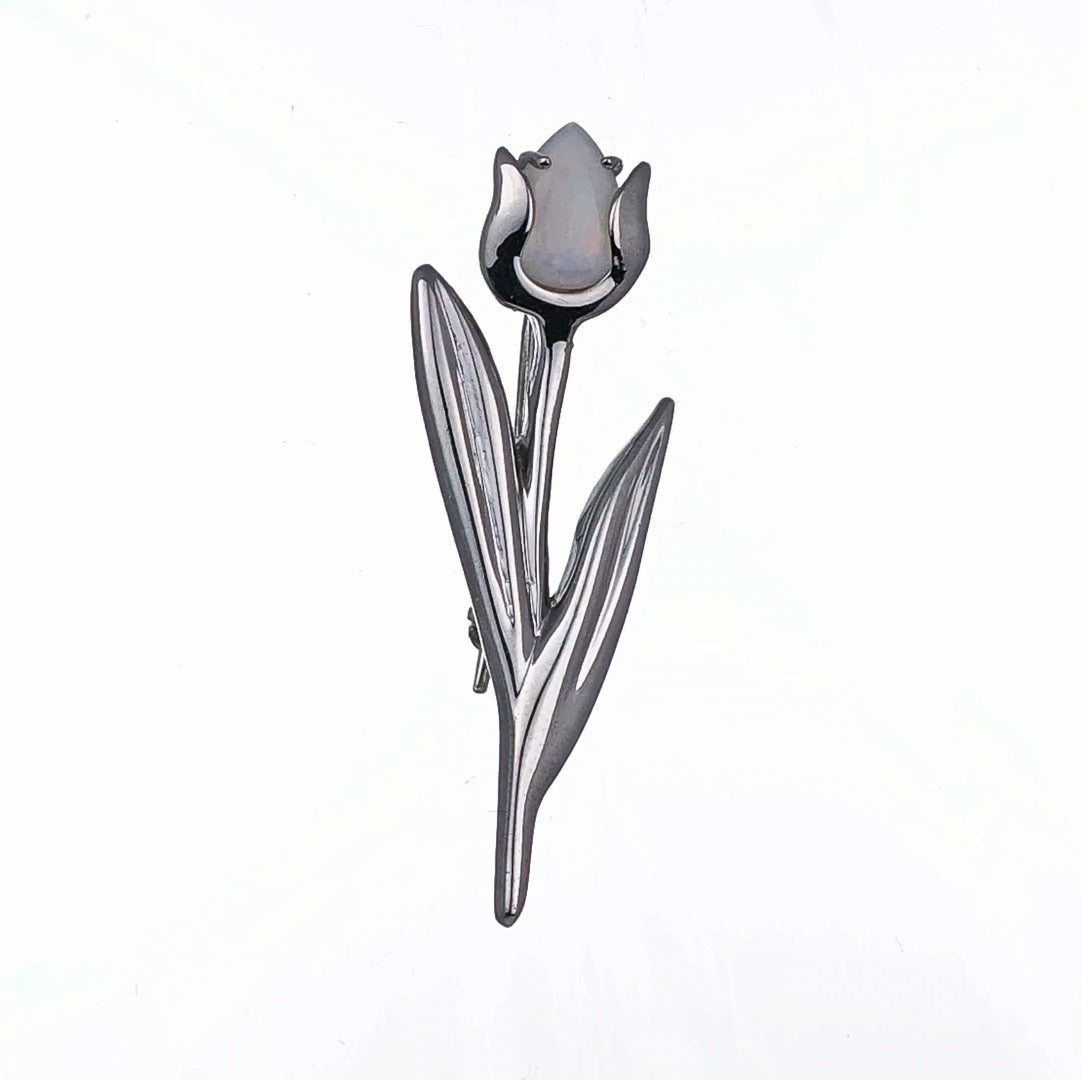 Elegant Tulip Flower Brooch with Natural Australian White Opal