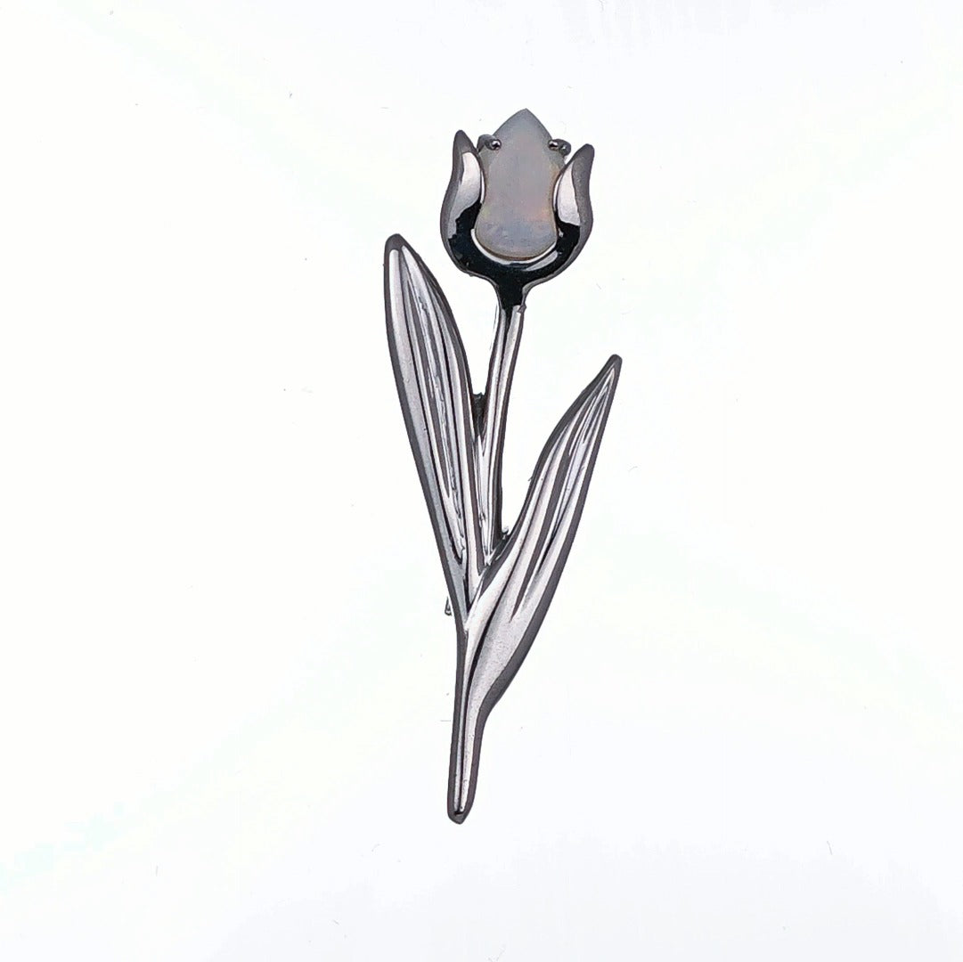 Elegant Tulip Flower Brooch with Natural Australian White Opal