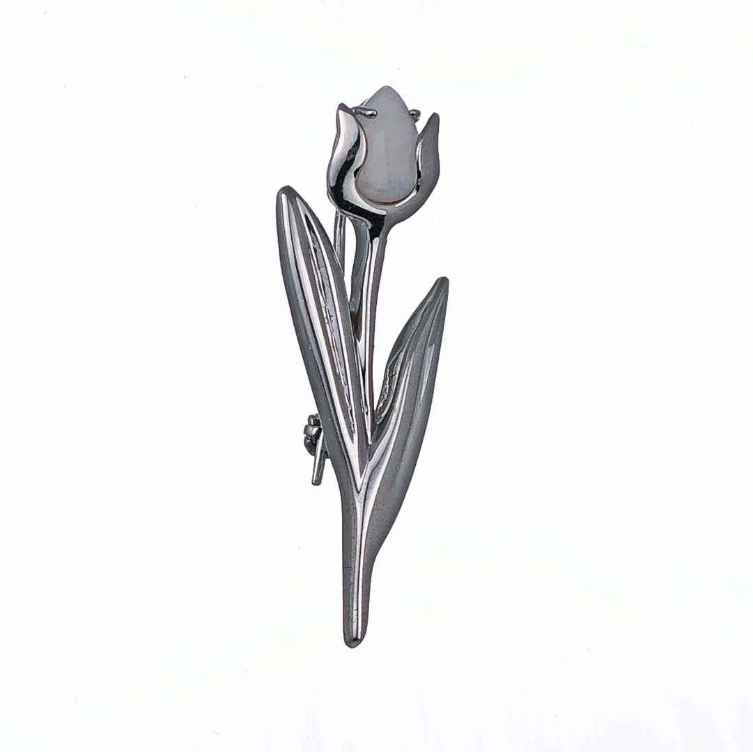 Elegant Tulip Flower Brooch with Natural Australian White Opal