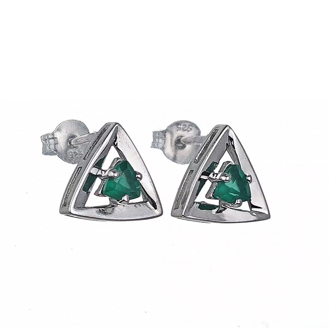 Onyx Green Earrings Sterling Silver Studs Trillion