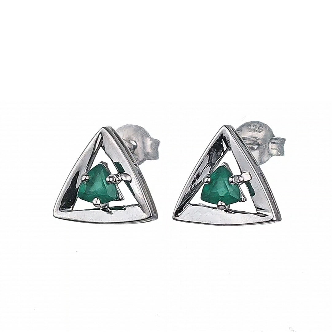 Onyx Green Earrings Sterling Silver Studs Trillion