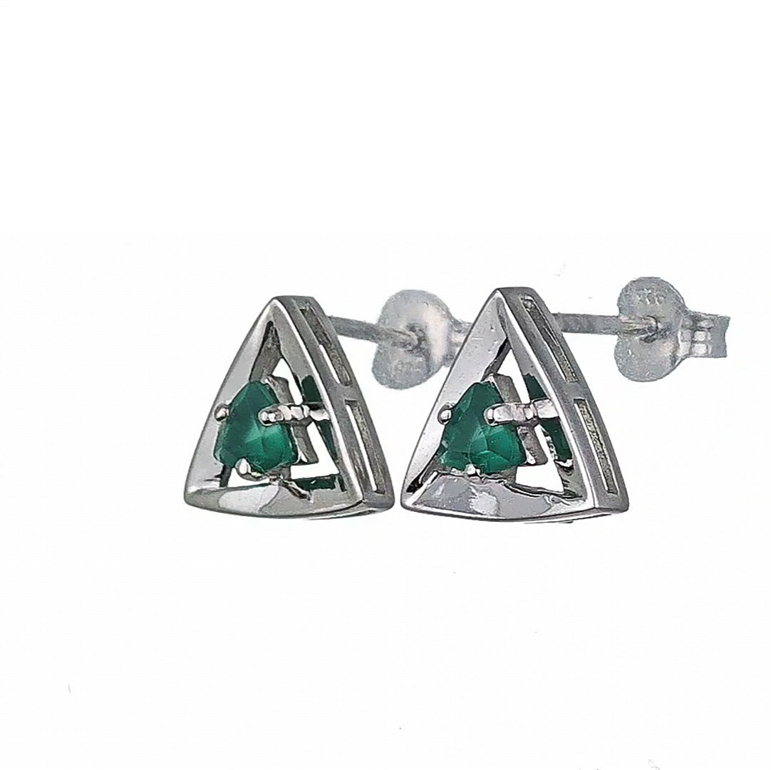 Onyx Green Earrings Sterling Silver Studs Trillion