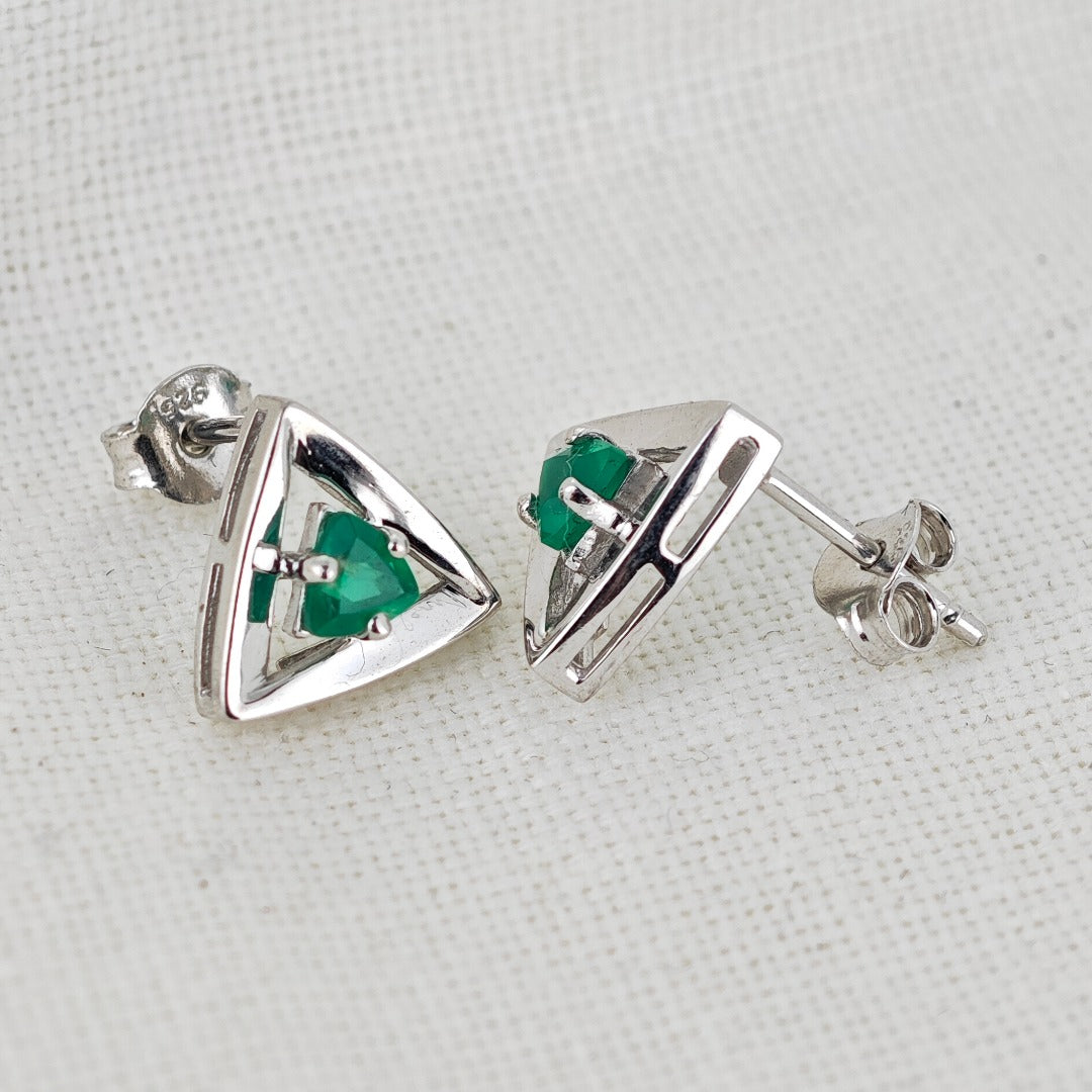 Onyx Green Earrings Sterling Silver Studs Trillion