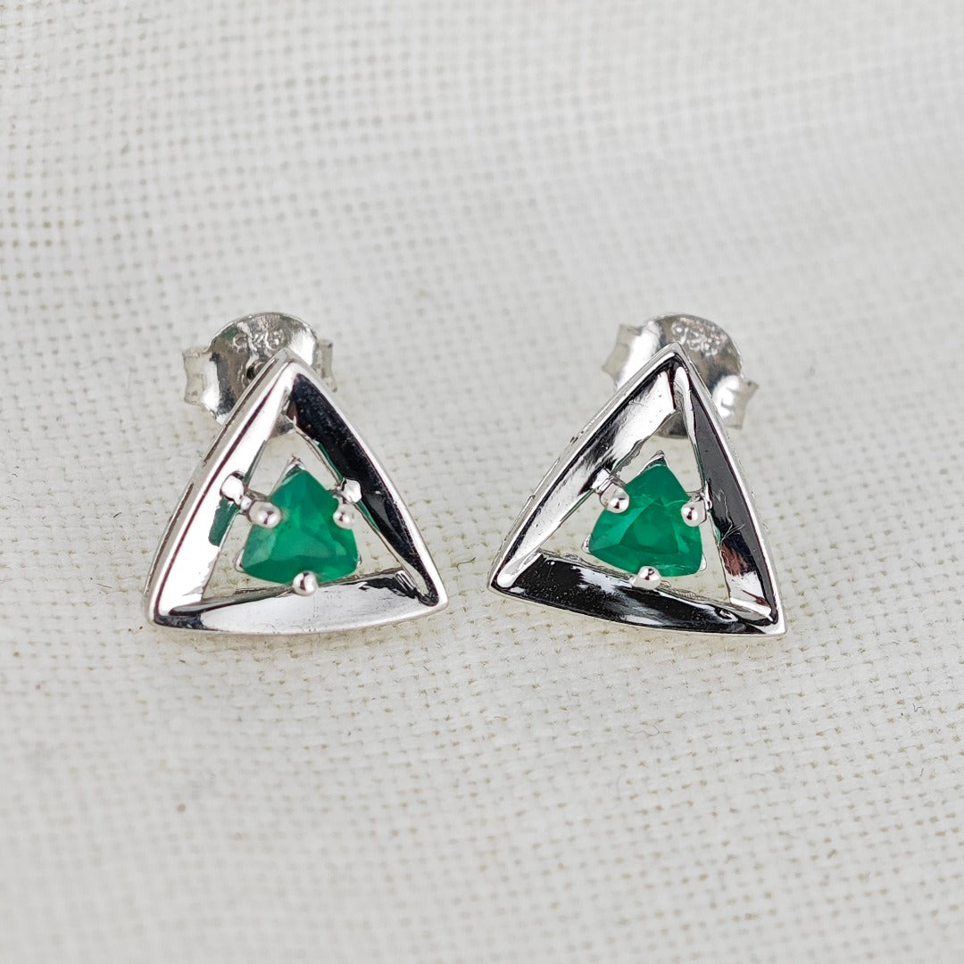 Onyx Green Earrings Sterling Silver Studs Trillion