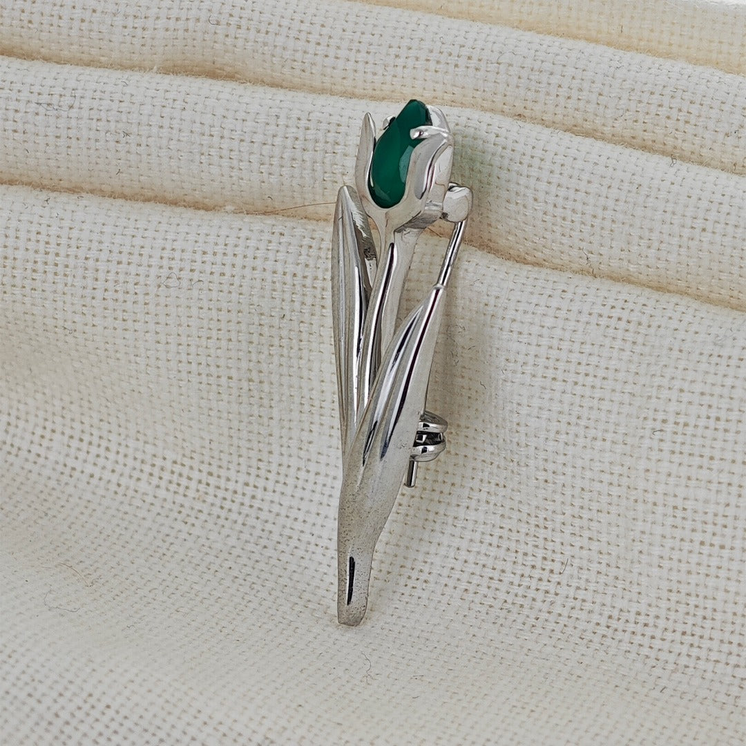 Onyx Green Brooch Sterling Silver Tulip