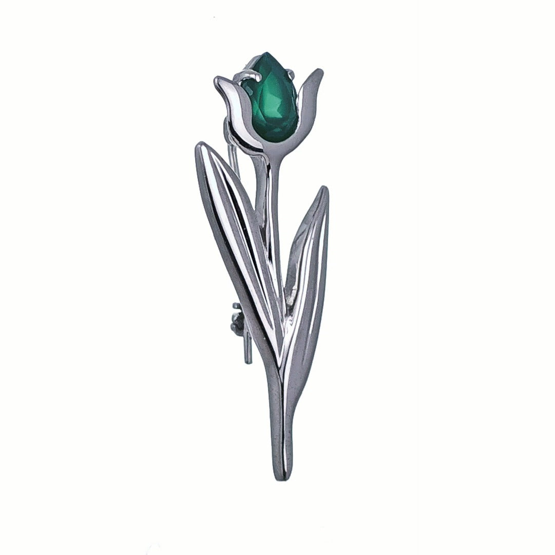 Onyx Green Brooch Sterling Silver Tulip