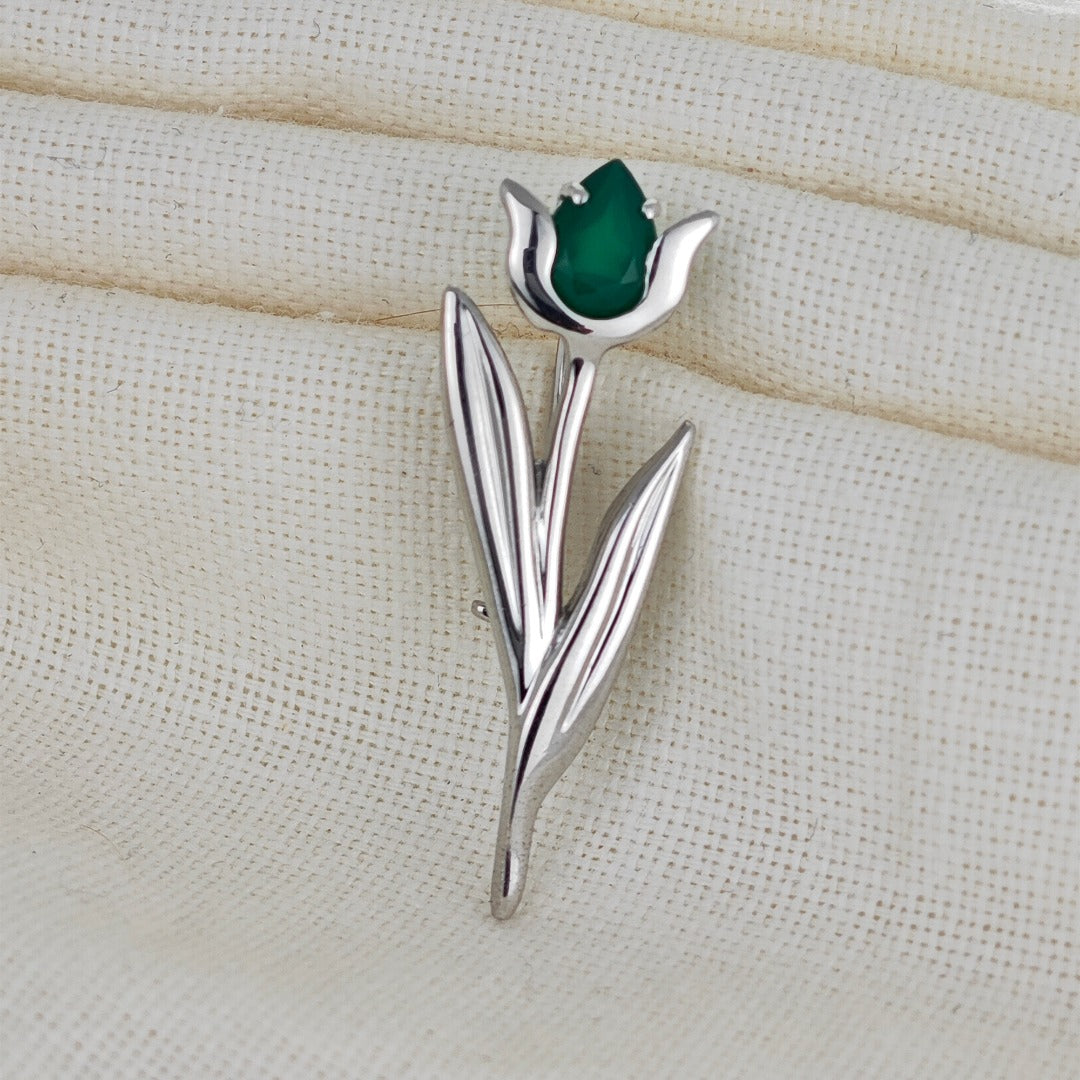 Onyx Green Brooch Sterling Silver Tulip