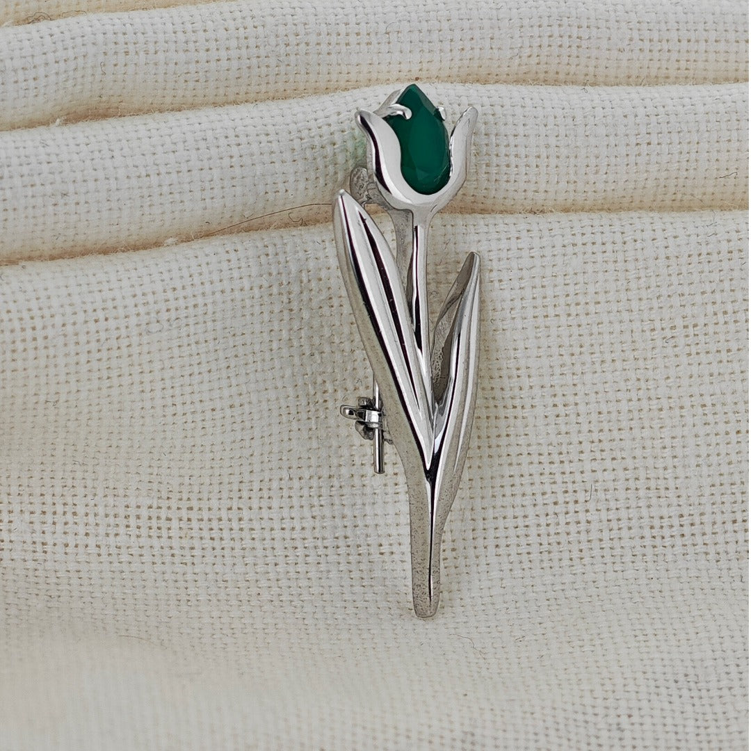 Onyx Green Brooch Sterling Silver Tulip