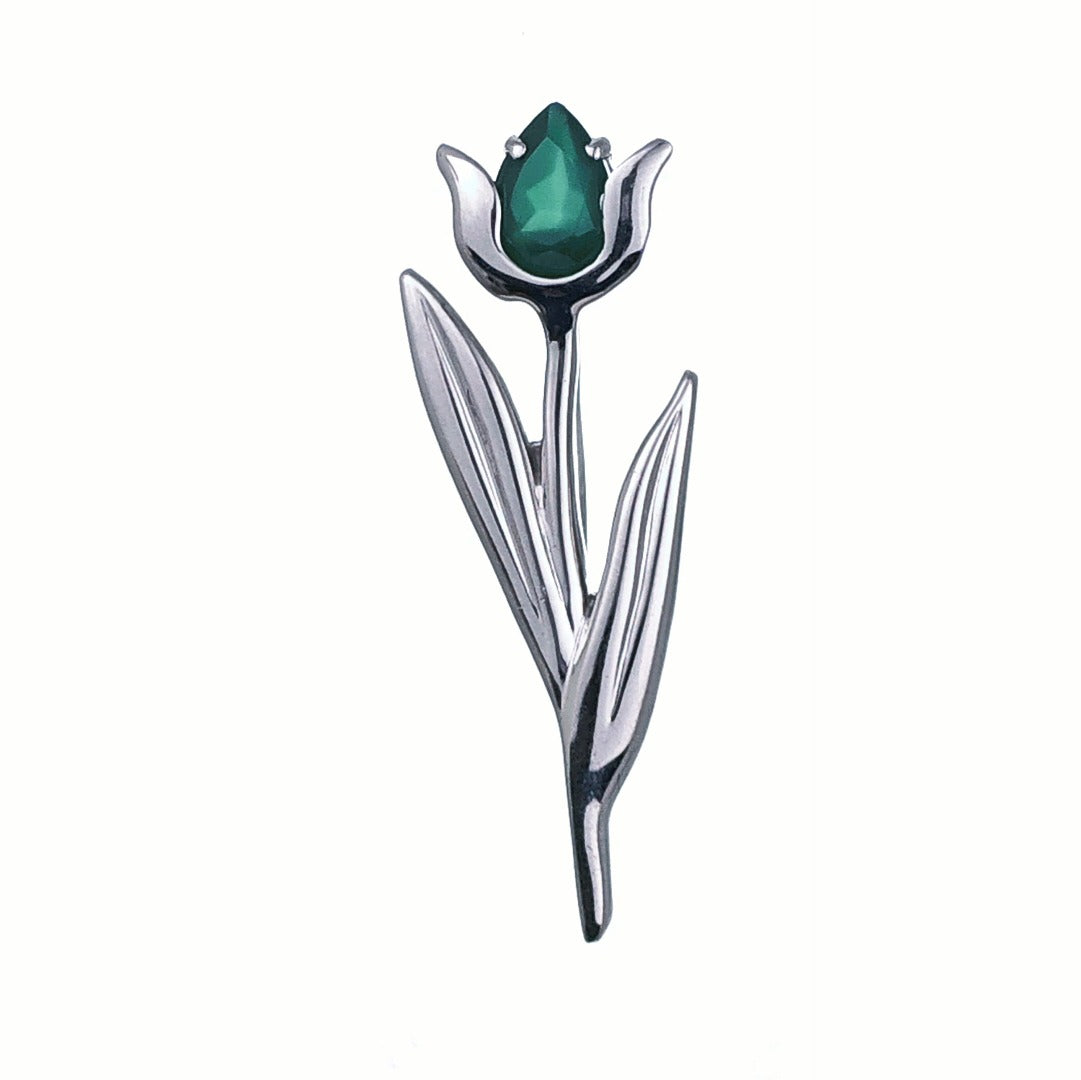 Onyx Green Brooch Sterling Silver Tulip