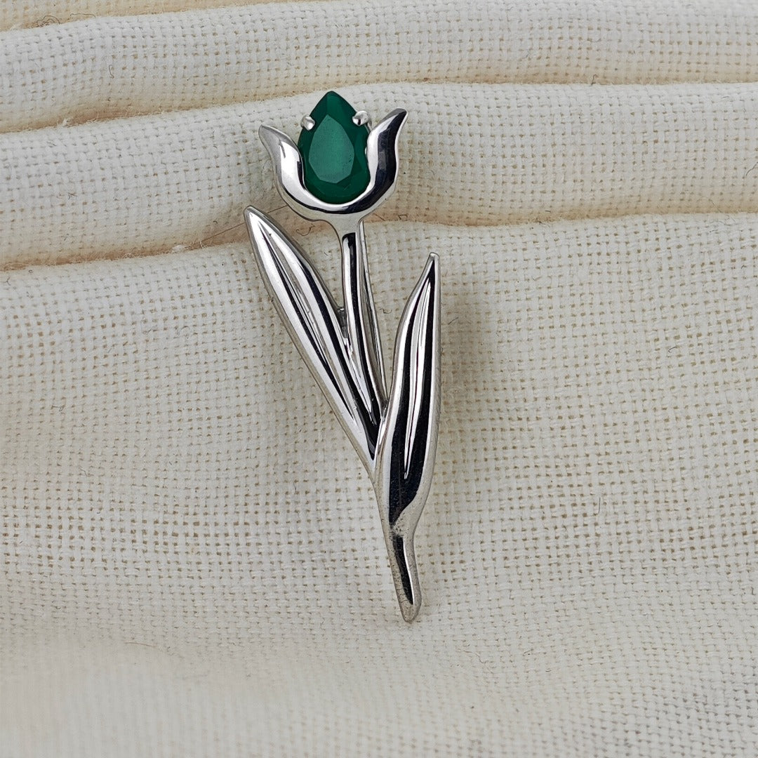 Onyx Green Brooch Sterling Silver Tulip