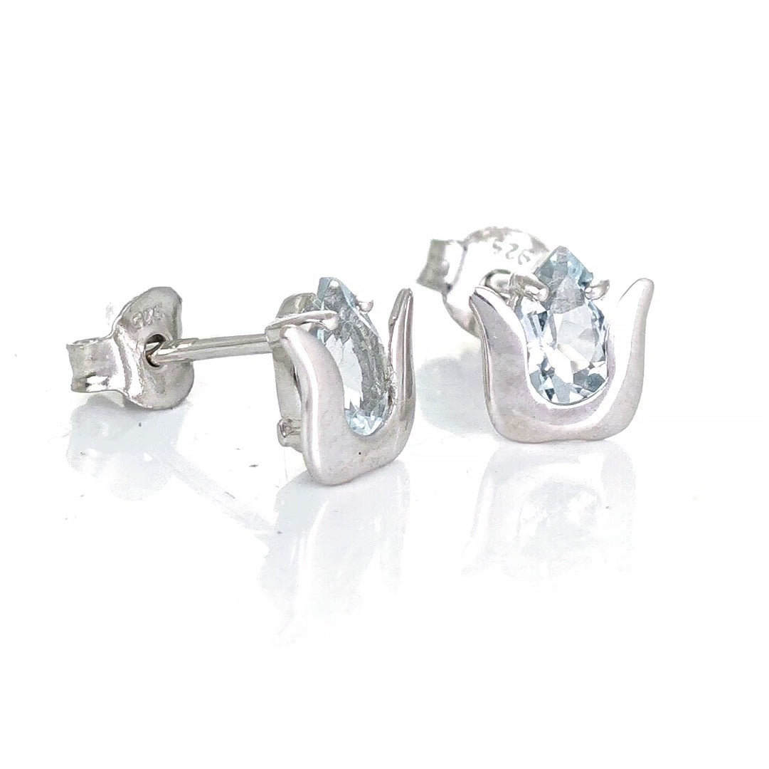 Aquamarine Earrings Sterling Silver Studs Tulip Flower