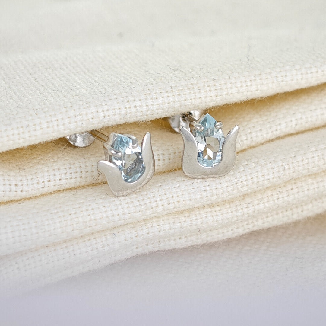 Aquamarine Earrings Sterling Silver Studs Tulip Flower