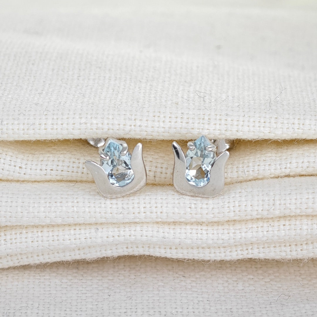 Aquamarine Earrings Sterling Silver Studs Tulip Flower