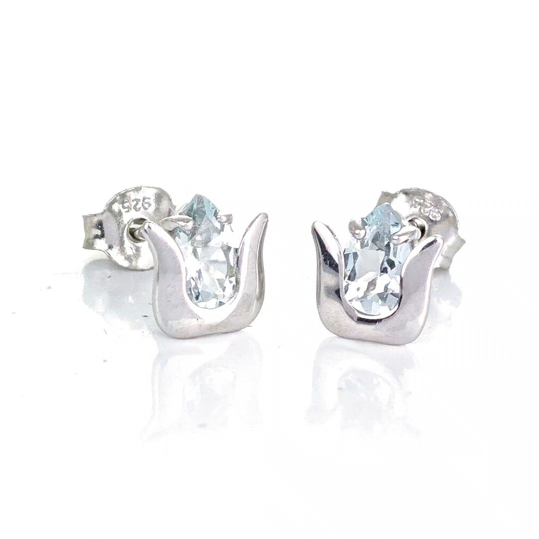 Aquamarine Earrings Sterling Silver Studs Tulip Flower