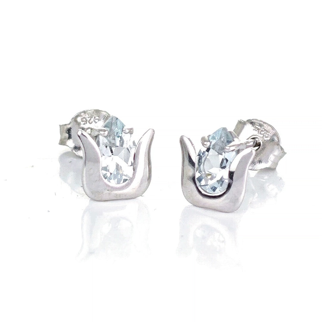 Aquamarine Earrings Sterling Silver Studs Tulip Flower