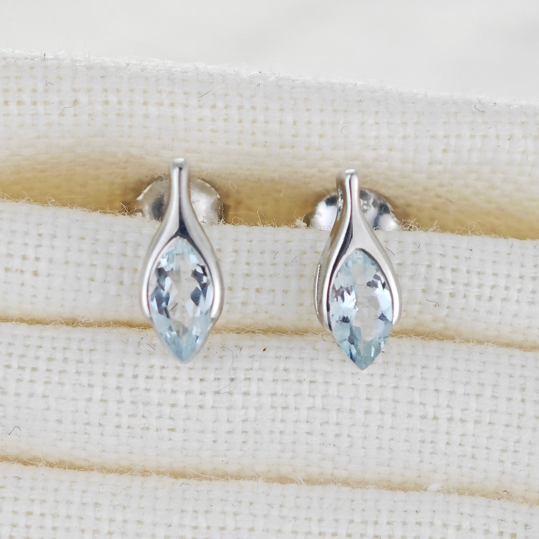 Aquamarine Earrings Sterling Silver Studs Minimalist Marquise